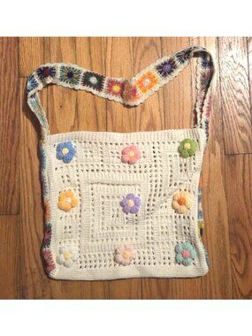 Crochet Shoulder Bag With Colorful Floral Strap Handmade Boho Style